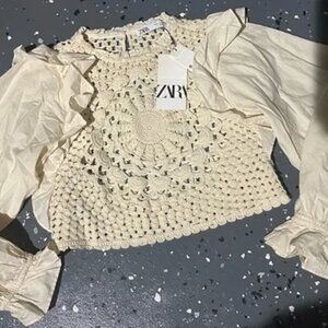 ZARA RUFFLED LONG-SLEEVE CROCHET SWEATER